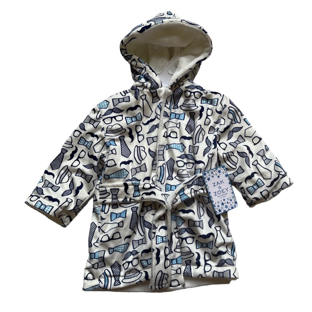 Zak & Zoey Plush Hooded Bath Robe - Little Gentleman Infant Baby Size 0-9m New